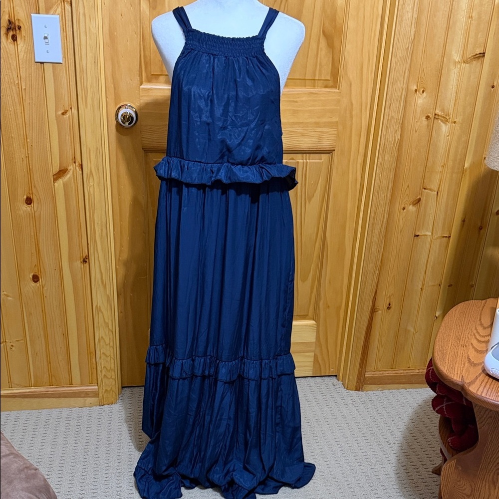 Blue Halter Ruffle Tiered Maxi Dress, Tied Keyhole Opening in Back, Size Small. - Picture 3 of 13
